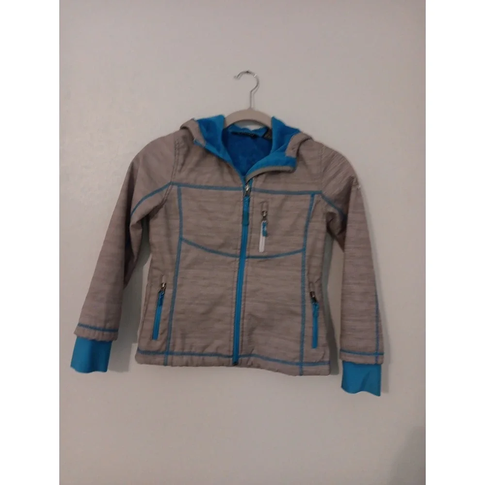 Snowzu Girl's Sz. 7/8 Soft Shelled Lined Jacket w/Hood  Lighter Weight Gray/Teal
